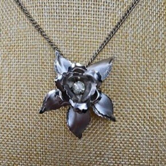 Vintage Silver Tone Pin Brooch Pendant Flower w/ Rhinestone Center 16"L - Picture 2 of 5